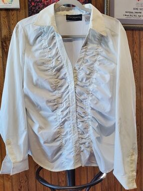 Sharagano White Ruffled Front Button Shirt